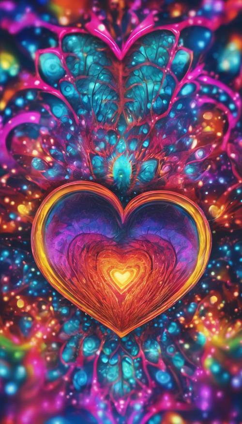 Psychedelic heart design pulsing with a spectrum of colors.
