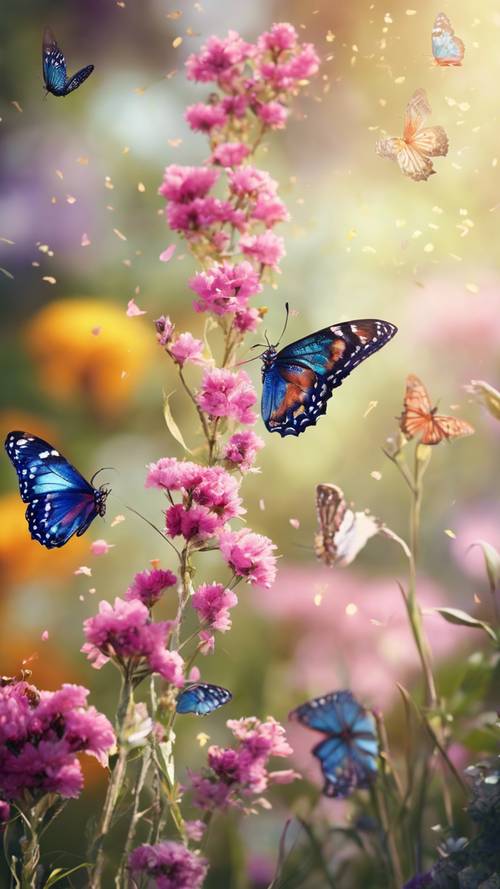 Spokojny ogród motyli, pełen niezliczonej ilości kolorowych motyli fruwających wśród pachnących kwitnących kwiatów.