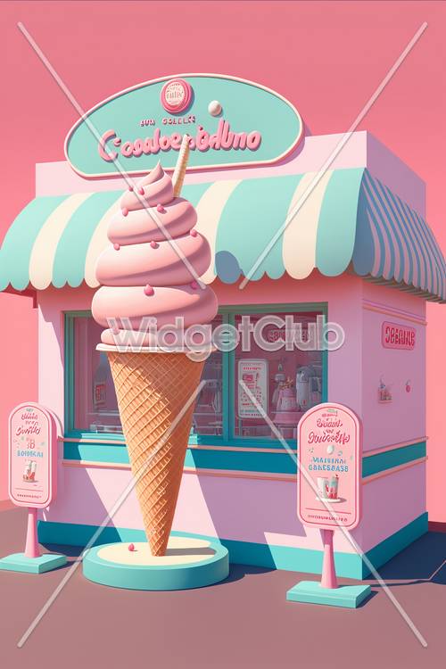ピンクとブルーの巨大なアイスクリームコーンのお店