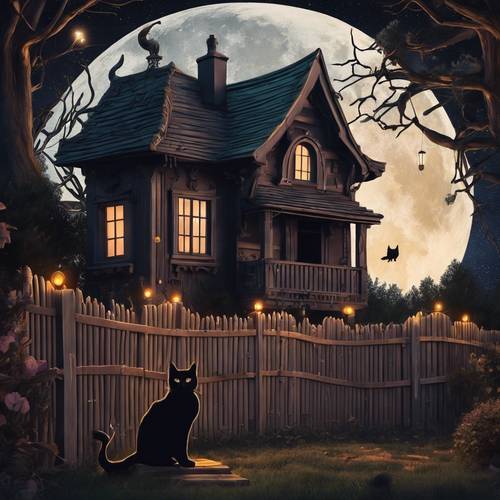 Um gato preto solitário sentado em uma cerca torta em frente à casa de uma bruxa sob uma lua crescente.