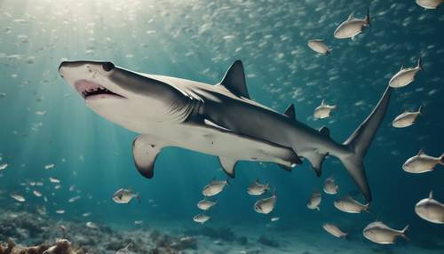 A hammerhead shark surrounded by a school of silverfish in a deep sea setting.
