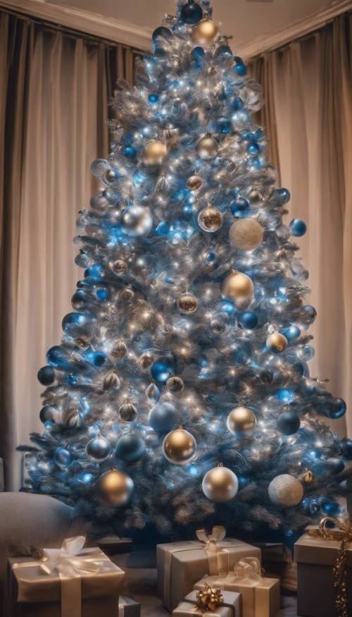 Uma linda árvore de Natal azul decorada com enfeites prateados e luzes de fada cintilantes em um quarto aconchegante