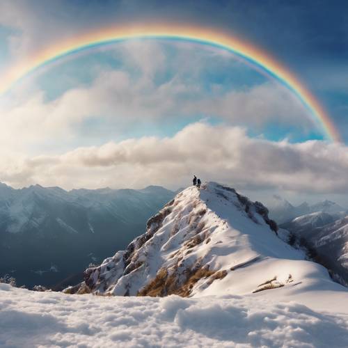 Un arco iris bailando en la cima de una montaña cubierta de nieve.