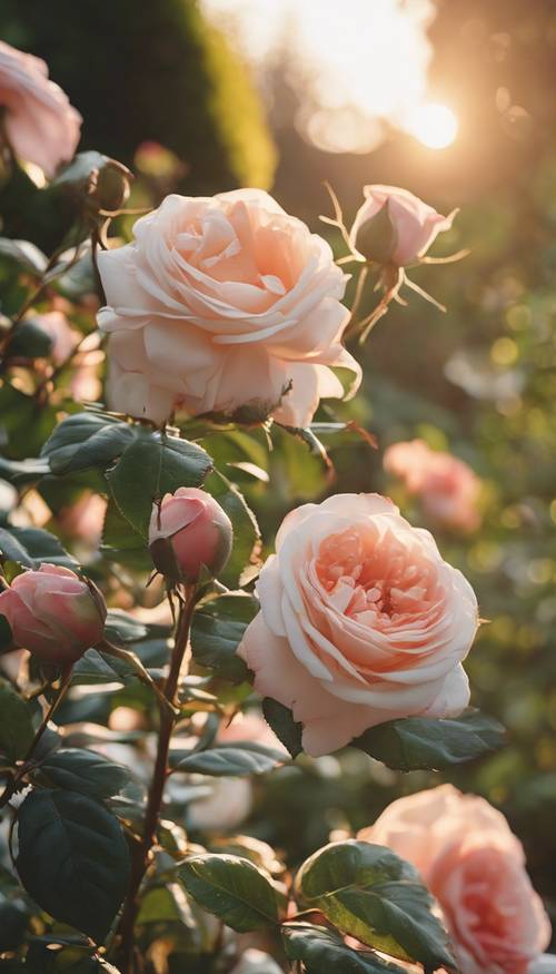 Wiktoriański ogród kwitnący antycznymi różami podczas wschodu słońca.