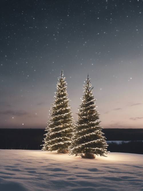 별빛 하늘 아래 눈 덮인 들판에 우뚝 솟은 크리스마스 트리 두 그루.