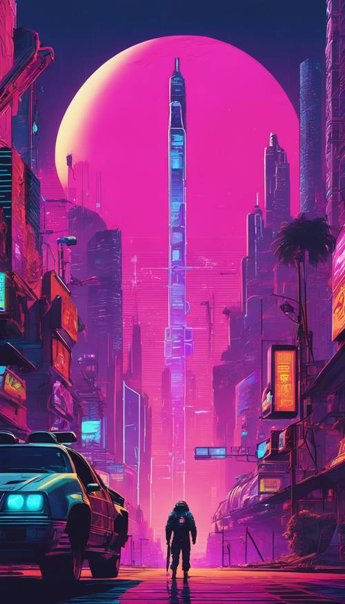 Uno skyline futuristico dominato da imponenti megastrutture, dirigibili e insegne al neon in una metropoli cyberpunk.