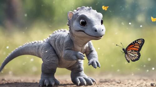 Um adorável filhote de dinossauro cinza seguindo alegremente uma borboleta esvoaçante.