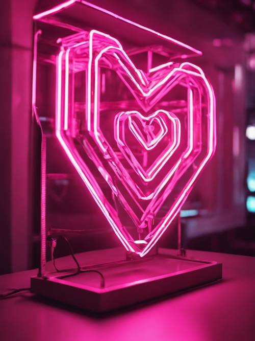 Um sinal de néon na forma de um coração geométrico rosa.