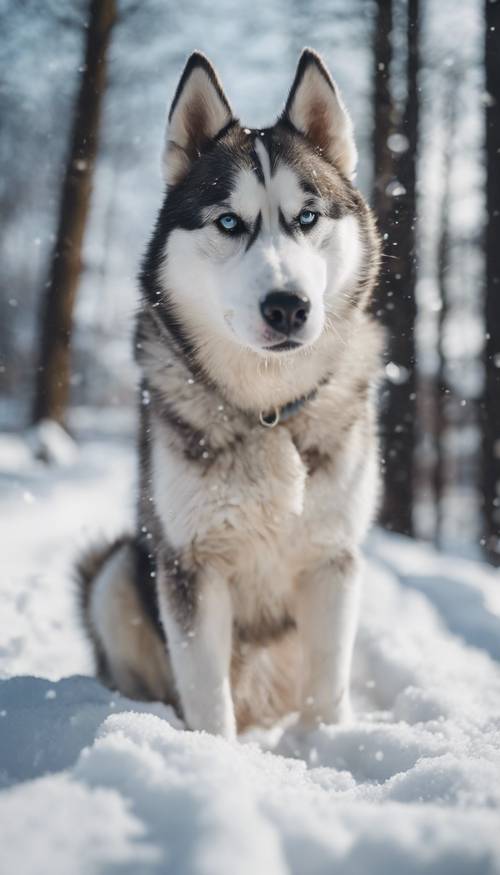 A husky dog playfully digging in the fresh snow.