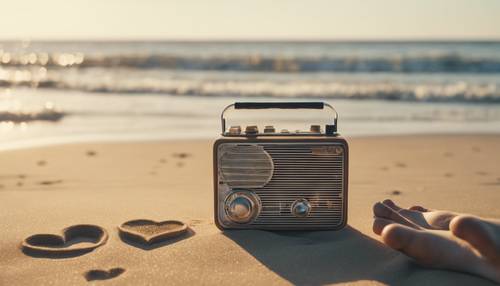 Barefoot on a sunlit beach, a person holding a heart-shaped sand, listening to indie tunes on a vintage radio.