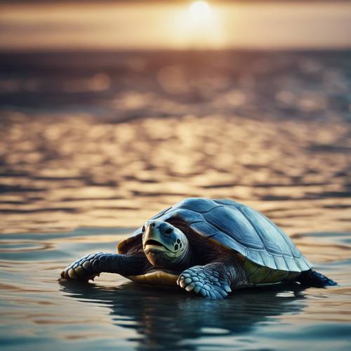 Ziewający senny żółw morski, leniwie unoszący się na powierzchni morza.