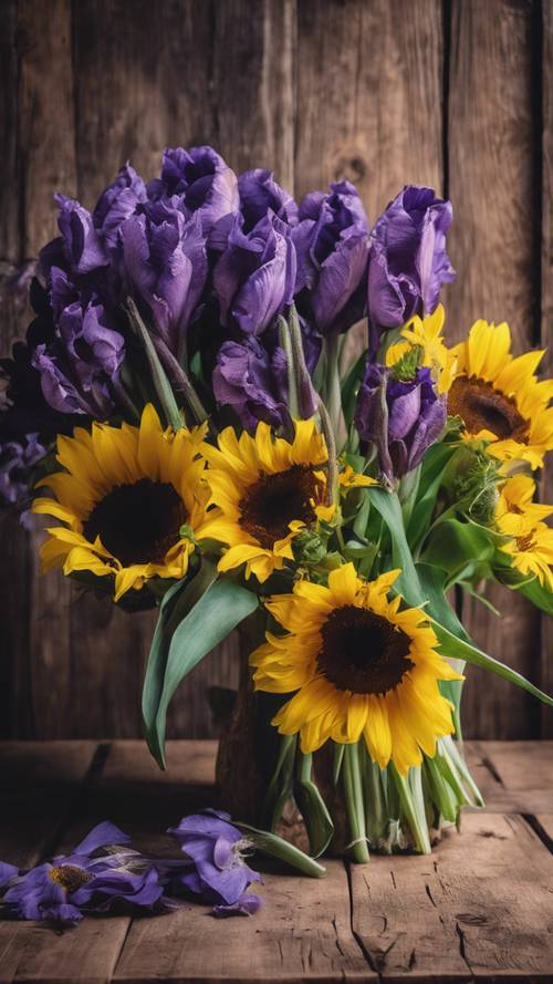 Un bouquet d&#39;iris violets et de tournesols jaune vif posés sur une table rustique en bois.