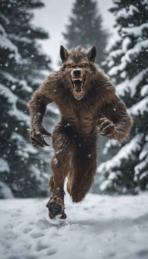 Manusia serigala berlari melewati salju dengan latar belakang pohon pinus
