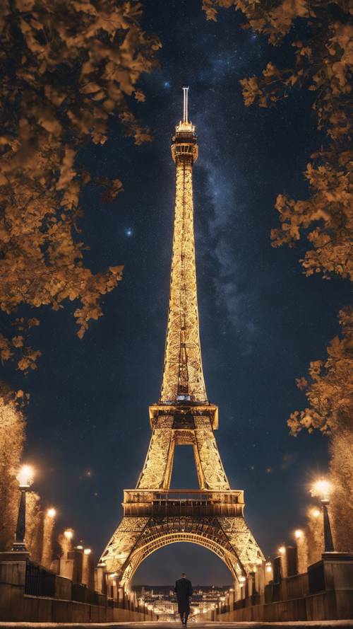 별이 빛나는 밤의 낭만적인 배경을 배경으로 에펠탑이 빛났습니다.