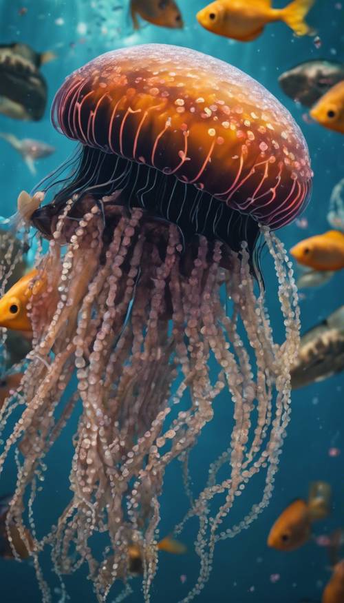 An enormous black medusa jellyfish surrounded by smaller colorful fishes