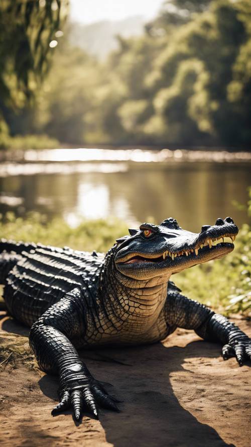 A large black crocodile basking in the sun on a river bank.