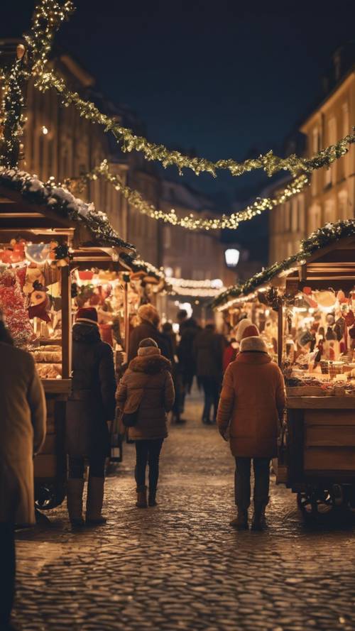 Pasar Natal di kota Eropa yang menawan dengan kios warna-warni yang menjual kerajinan tangan, makanan, dan minuman anggur.