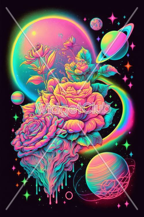 霓虹玫瑰和太空中的行星