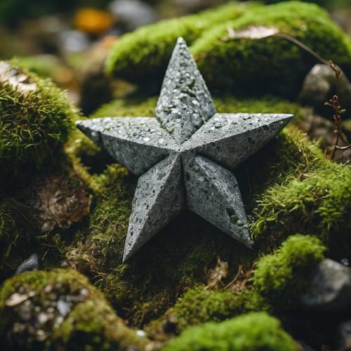 Uma estrela cinzenta feita de pedra incrustada numa rocha verde coberta de musgo.