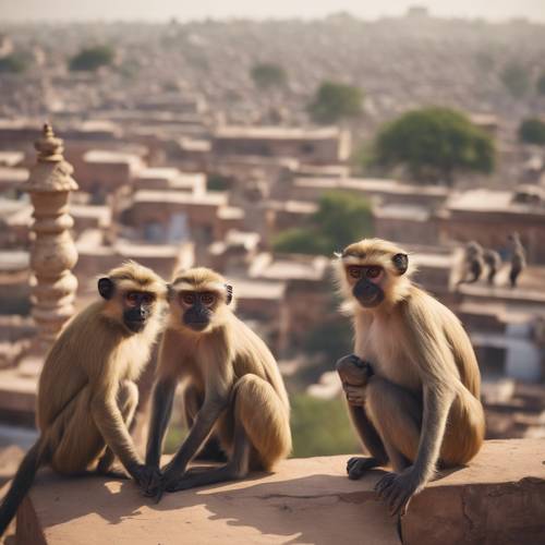 Horda małp langur żartobliwie goni się nawzajem po dachach starożytnego miasta Jaipur w Indiach.