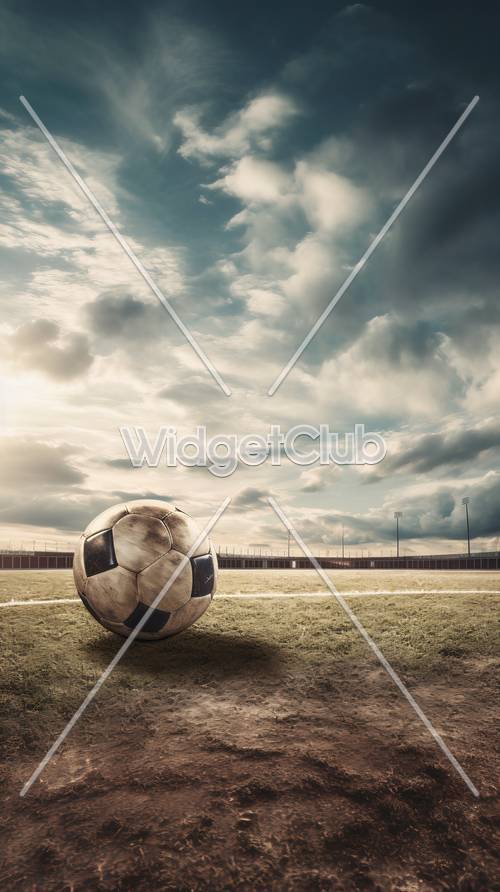 Balón de fútbol en el campo bajo el cielo nublado
