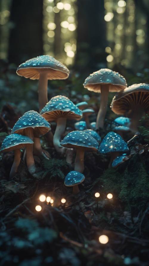 Mistik karanlık bir ormanı aydınlatan bir grup biyolüminesans mantarın gerçeküstü temsili.