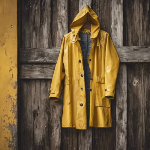 A charming yellow raincoat hanging on a rustic wooden door.