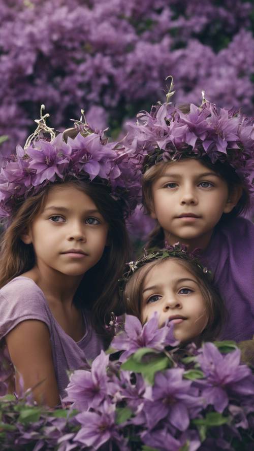 Eine Gruppe von vier kleinen Kindern trägt lila Kronen, die aus üppigen Clematisblüten geflochten sind.