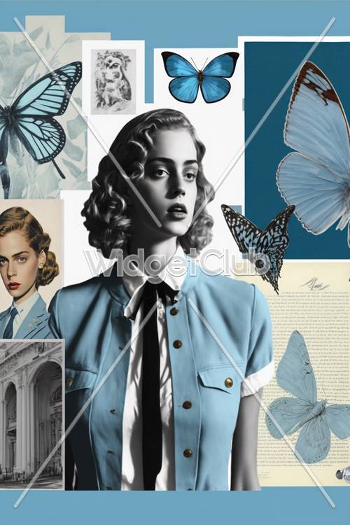 Schöne blaue Schmetterlinge und Vintage Lady