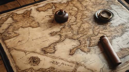 Top view of a leather map of Middle Earth spread on a table.