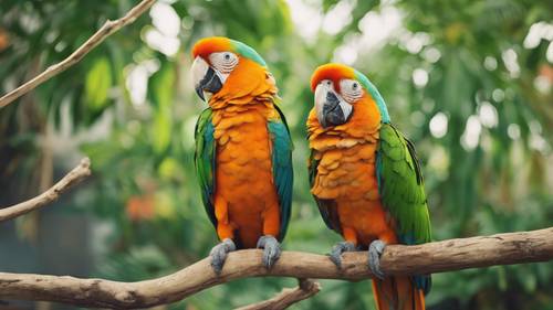 Zwei Papageien, einer mit leuchtend orangefarbenen Federn, der andere mit leuchtend grünen Federn, sitzen auf einem Ast.