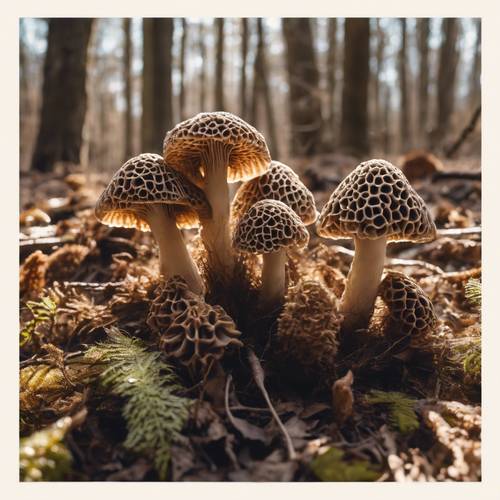Um cacho de cogumelos morel com linhas e texturas complexas, banhados pela luz solar suave que se filtra pela copa da floresta.