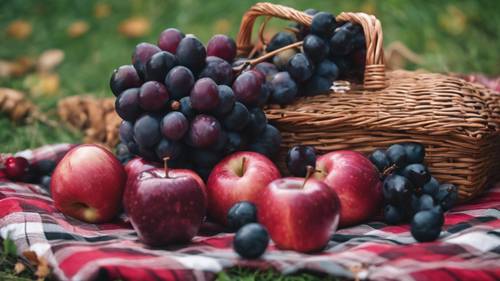 这是一张引人注目的图片：一堆成熟的红苹果和饱满的黑葡萄摆放在野餐毯上。
