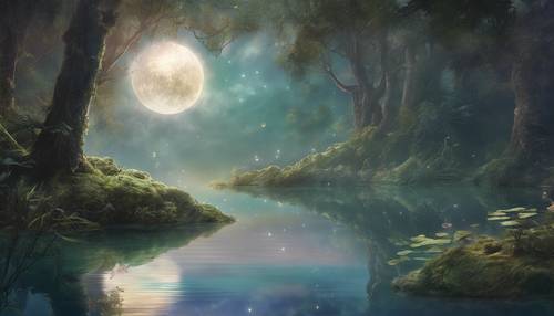 A serene lake in an enchanted forest, reflecting a sky with three moons.