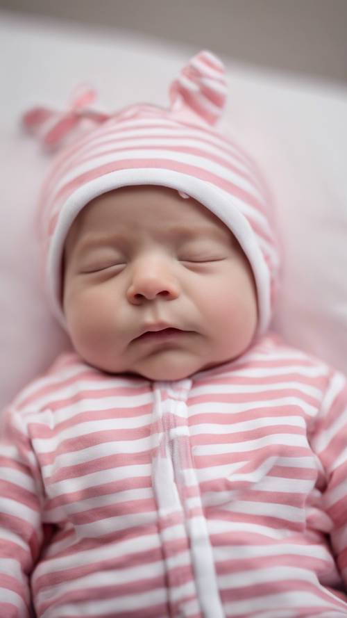 A sleepsuit for a newborn baby with pink and white stripes.