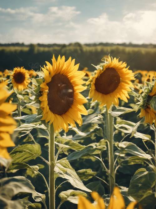 A large sunflower field under the blazing midday sun