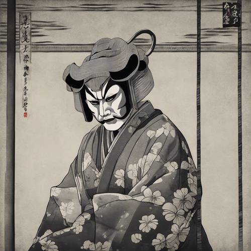 Монохромное изображение актера Кабуки в стиле укиё-э во время театрального представления.