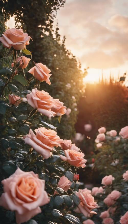 A picturesque garden bathed in sunset light, with roses in bloom.