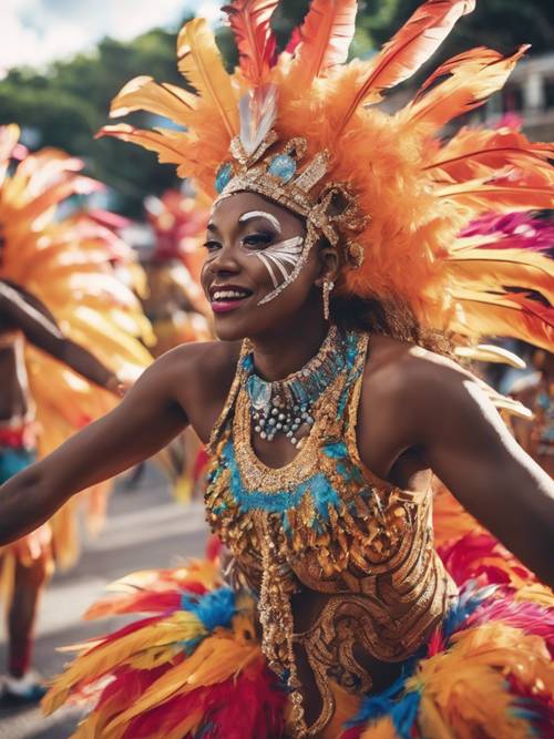An exciting Caribbean carnival with dancers wearing colorful, feathered costumes.