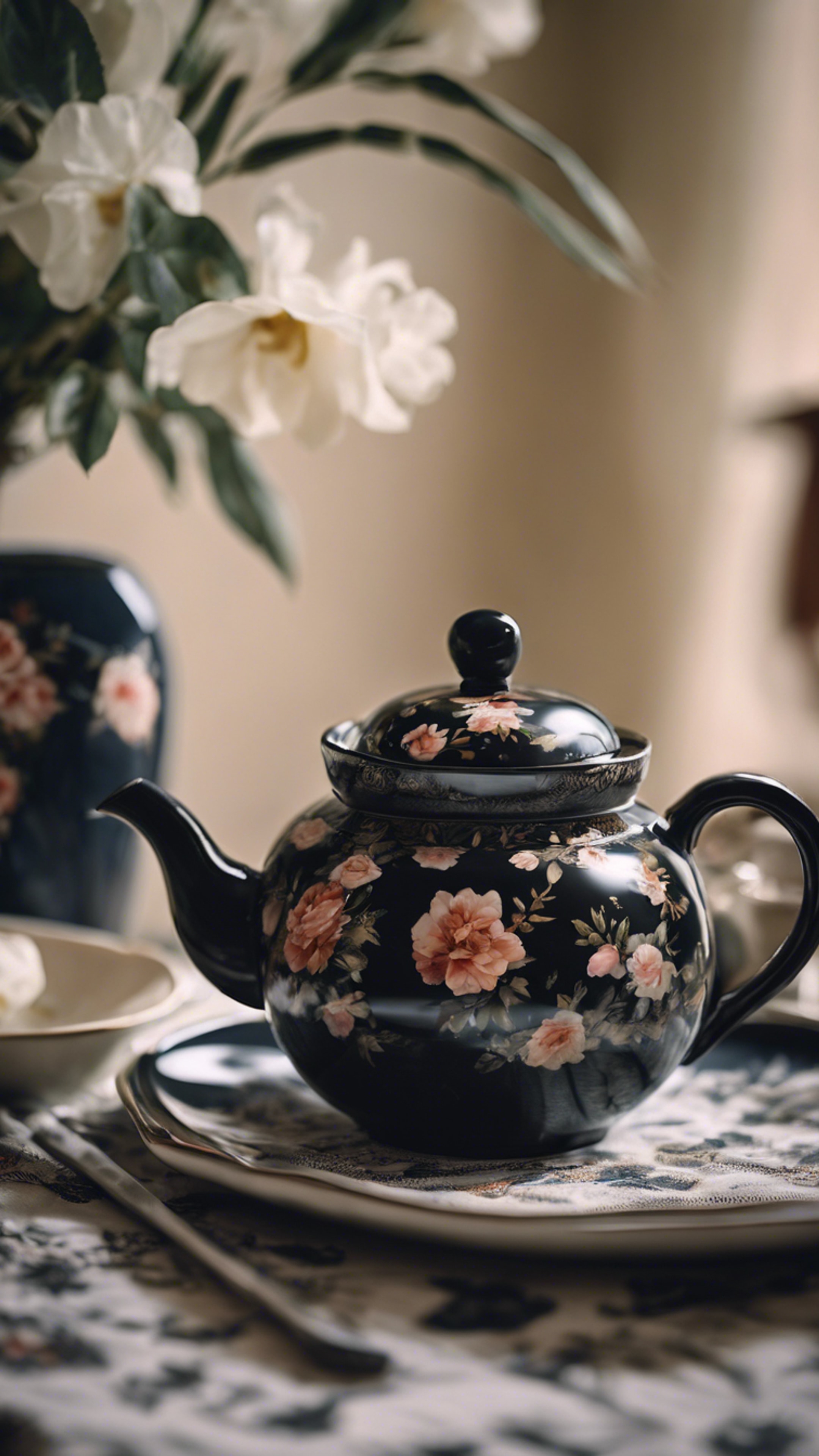A black floral-patterned china teapot set on a vintage table cloth under soft lighting.壁紙[3c426a4283274dfa90ec]
