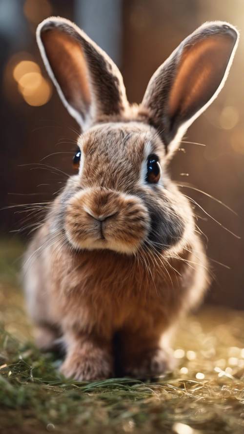 Коричневый карликовый кролик с висячими ушами и мерцающими глазами с любопытством смотрит в камеру.