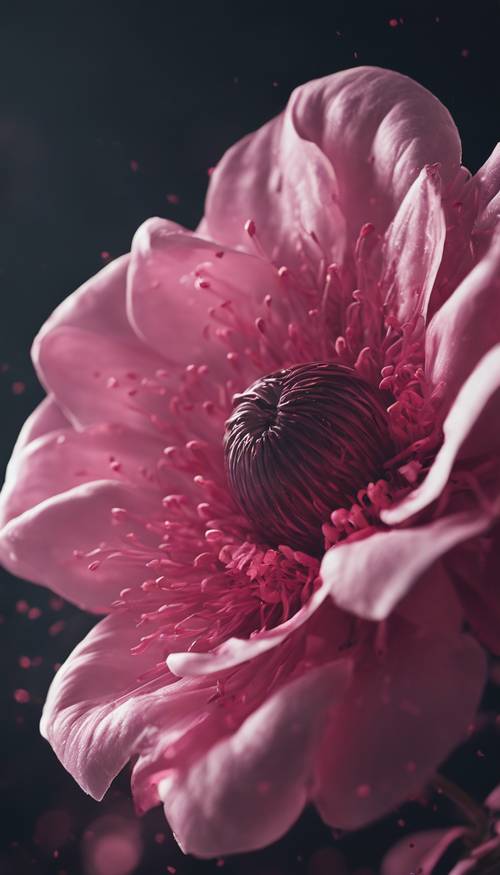 Uma representação surrealista de uma flor rosa escura com pétalas torcidas e rodopiantes.