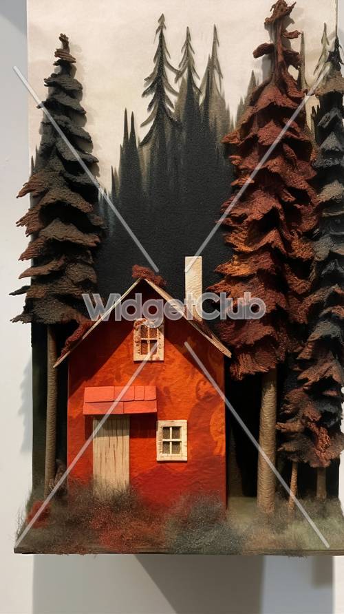 Acogedora cabaña roja en un bosque oscuro