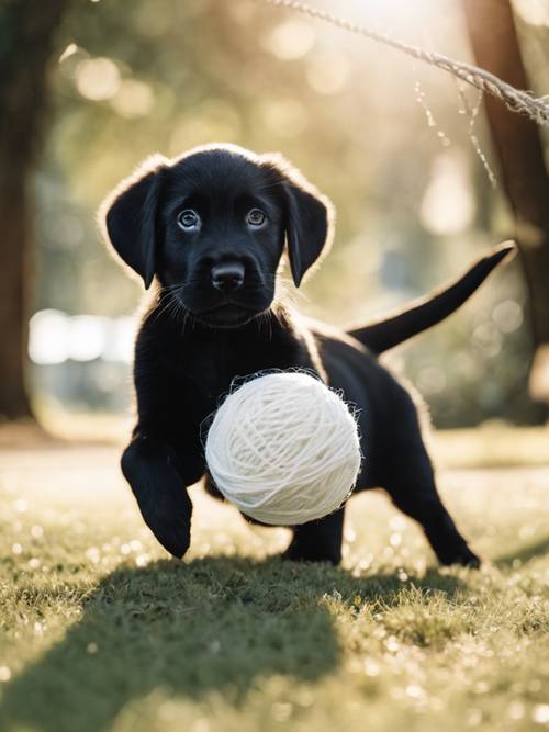 ลูกหมาลาบราดอร์สีดำเล่นกับลูกบอลเส้นด้ายสีขาวในสวนที่มีแสงแดดสดใส