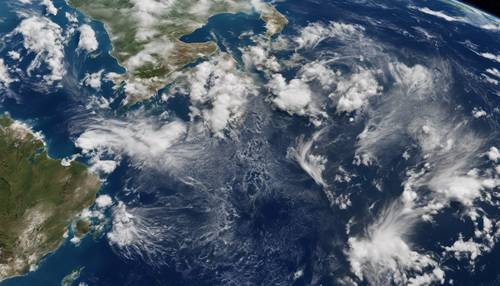 Citra satelit Bumi beresolusi tinggi dengan fokus pada Samudera Atlantik yang biru tua.