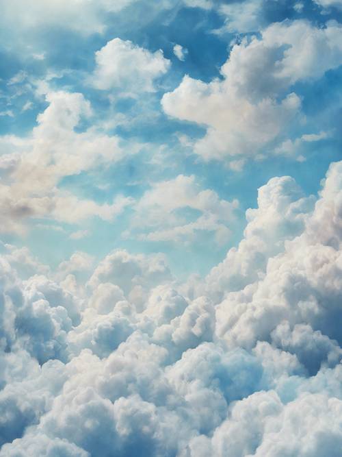 Kabarık gök mavisi bulutların ayrıntılı bir suluboya resmi.