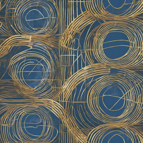 A minimalist line-drawing pattern with abstract rectangular and circular shapes in blue and gold