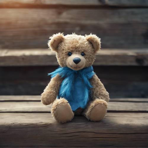 Seekor boneka beruang menggemaskan dengan bulu biru duduk bernostalgia di rak kayu tua.
