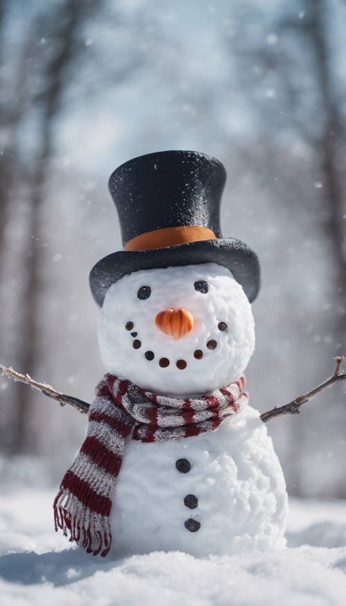 A cheerful snowman wearing a top hat and a stripped scarf in a snowy meadow.