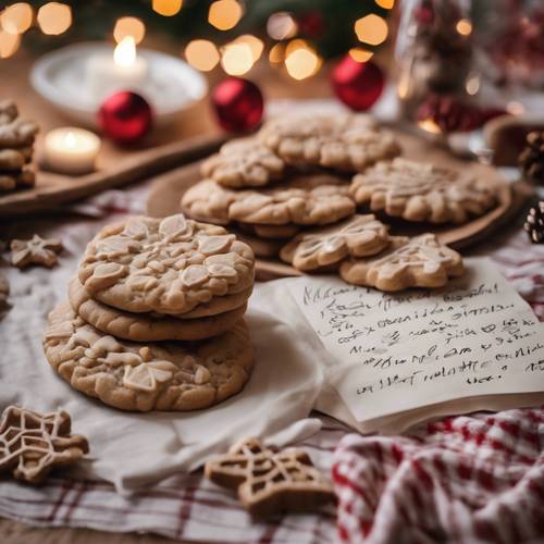 Уютное домашнее рождественское печенье на праздничной скатерти, стакан молока и записка Санте.